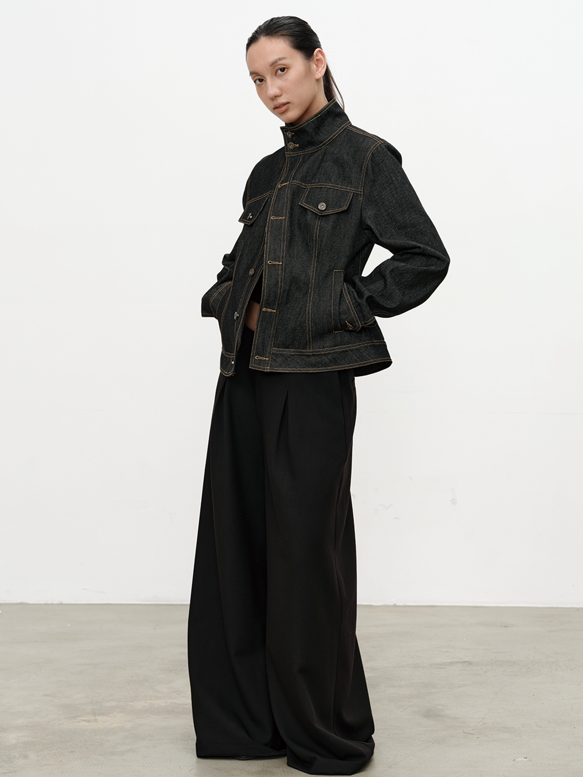 JCAESAR WOMEN Asymmetrical Placket Fitted Waist Raw Denim Jacket