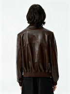 JCAESAR Pleated Short Leather Jacket