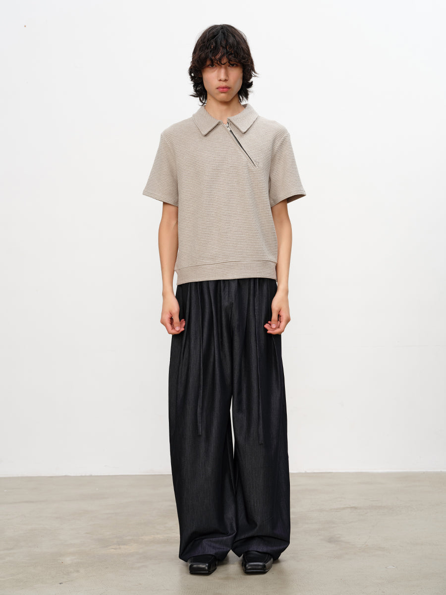 JCAESAR Diagonal Zipper Waffle-Knit Short-Sleeve Top - jcaesarclo