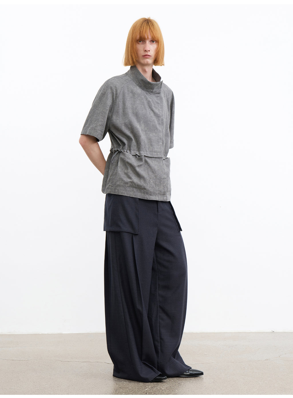 JCAESAR Grey Asymmetric Collar Cinched Waist Short Sleeve Shirt