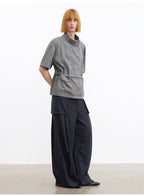 JCAESAR Grey Asymmetric Collar Cinched Waist Short Sleeve Shirt
