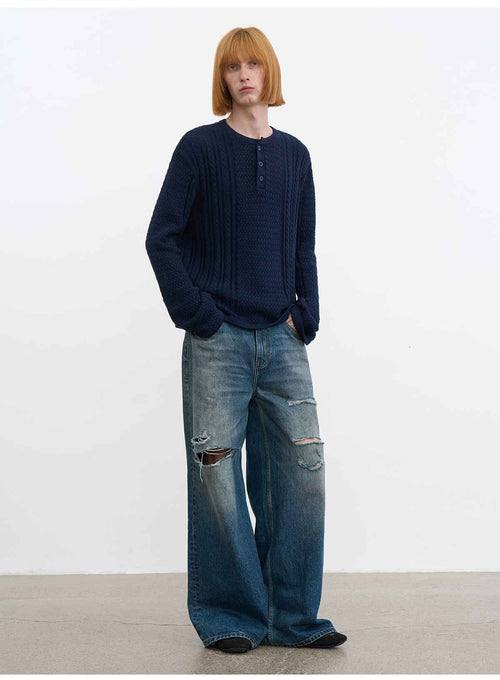 JCAESAR Knife Cut Distressed Blue Denim Jeans | Washed Ripped Straight Fit Jeans