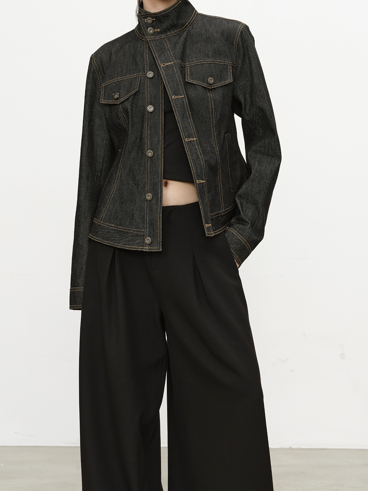 JCAESAR WOMEN Asymmetrical Placket Fitted Waist Raw Denim Jacket