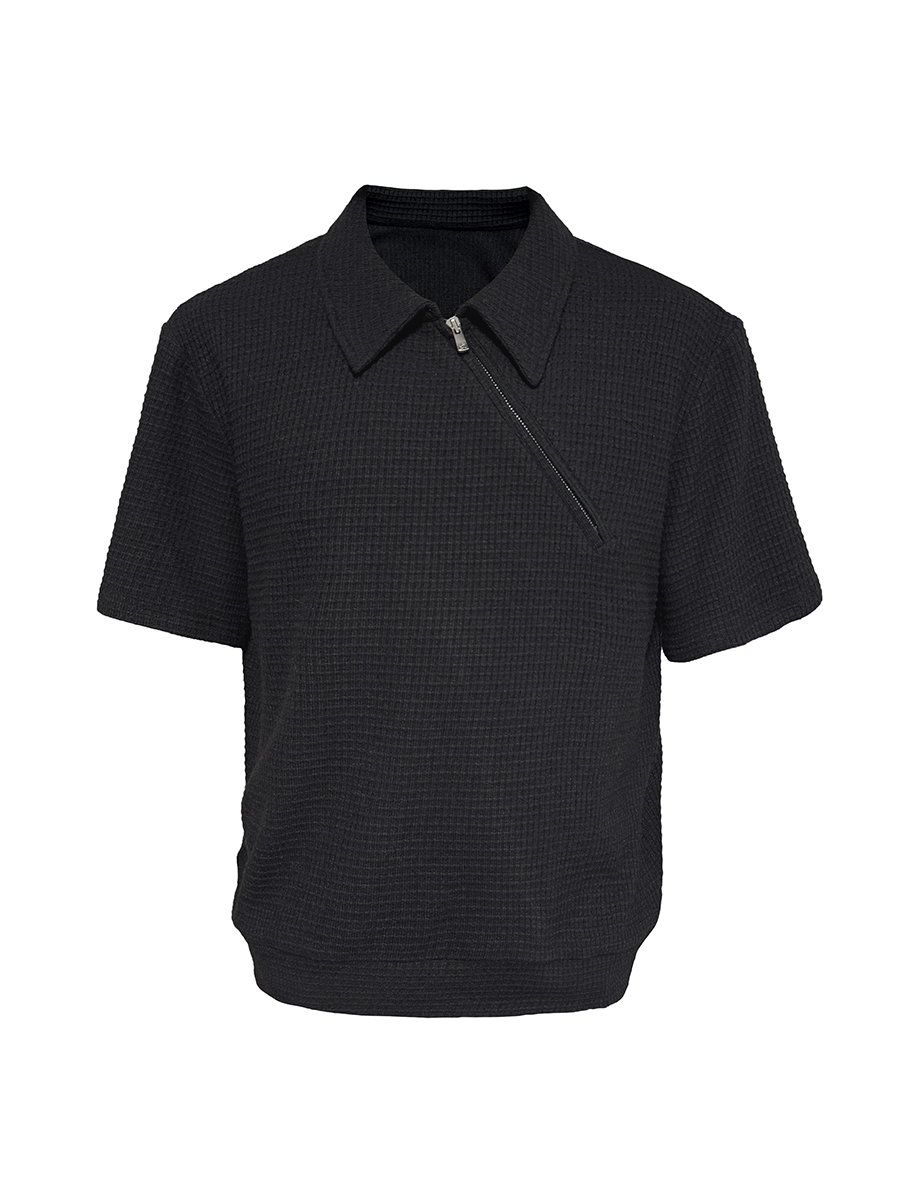 JCAESAR Diagonal Zipper Waffle-Knit Short-Sleeve Top - jcaesarclo