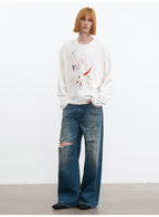 JCAESAR Knife Cut Distressed Blue Denim Jeans | Washed Ripped Straight Fit Jeans