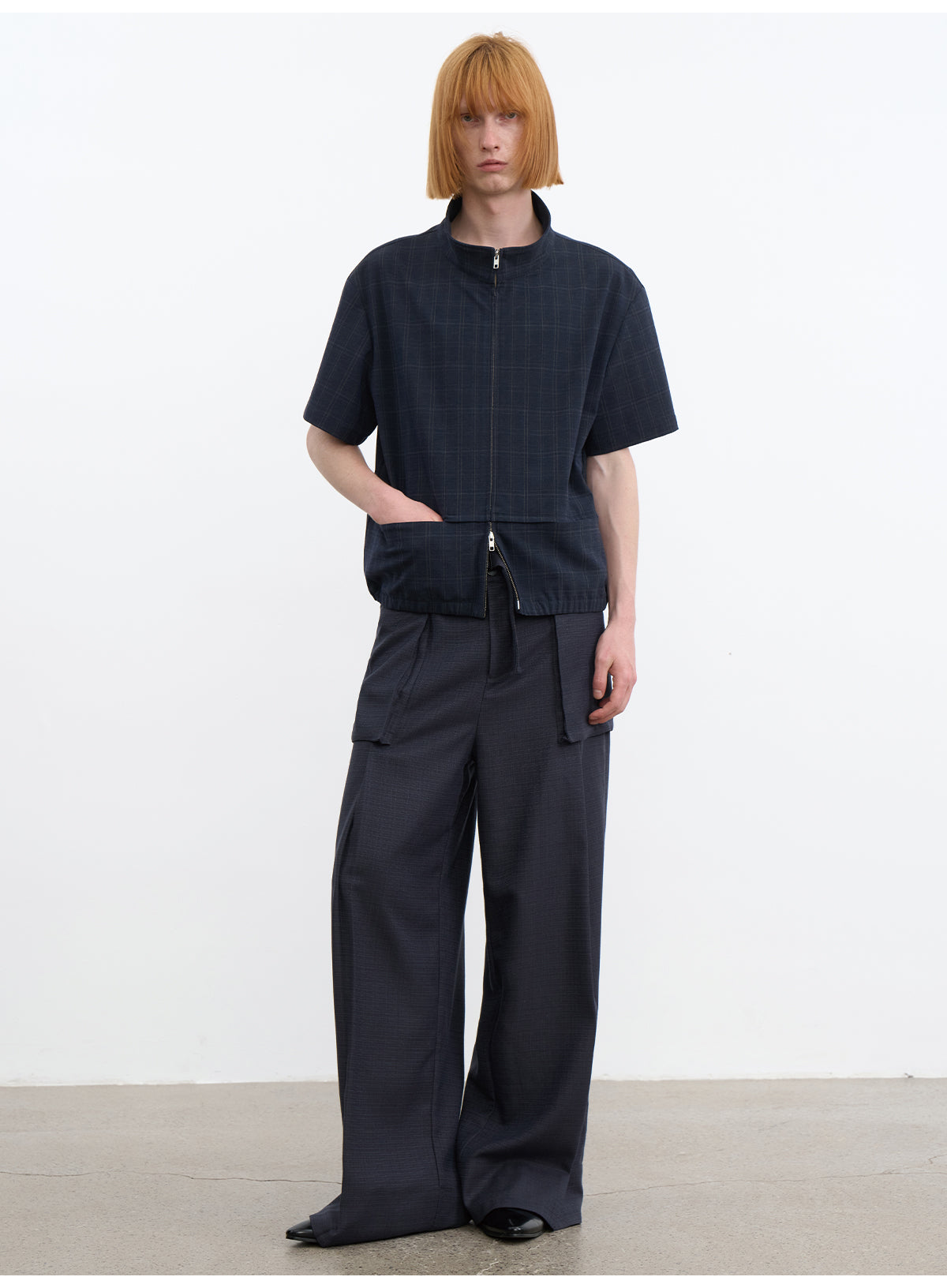JCAESAR Dark Grid Texture Hidden-Pocket Shirt