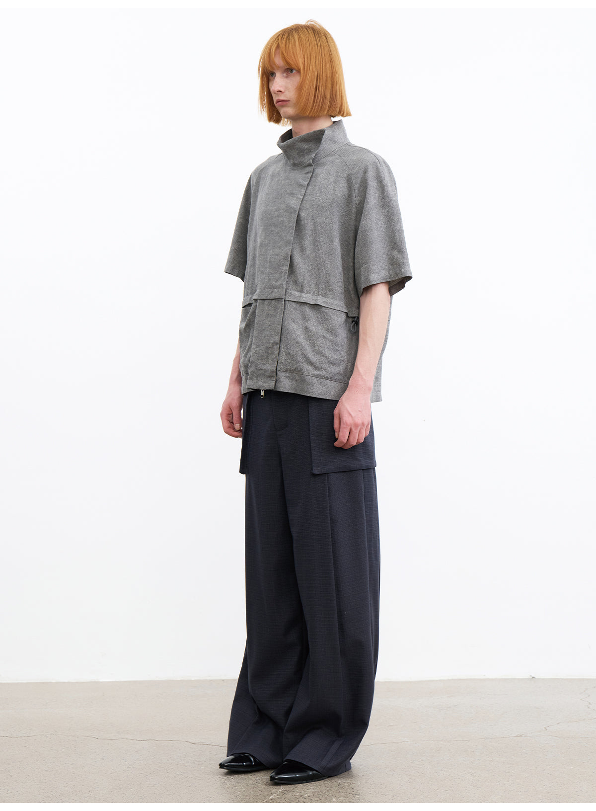 JCAESAR Grey Asymmetric Collar Cinched Waist Short Sleeve Shirt