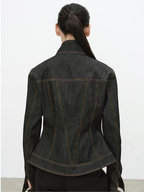 JCAESAR WOMEN Asymmetrical Placket Fitted Waist Raw Denim Jacket
