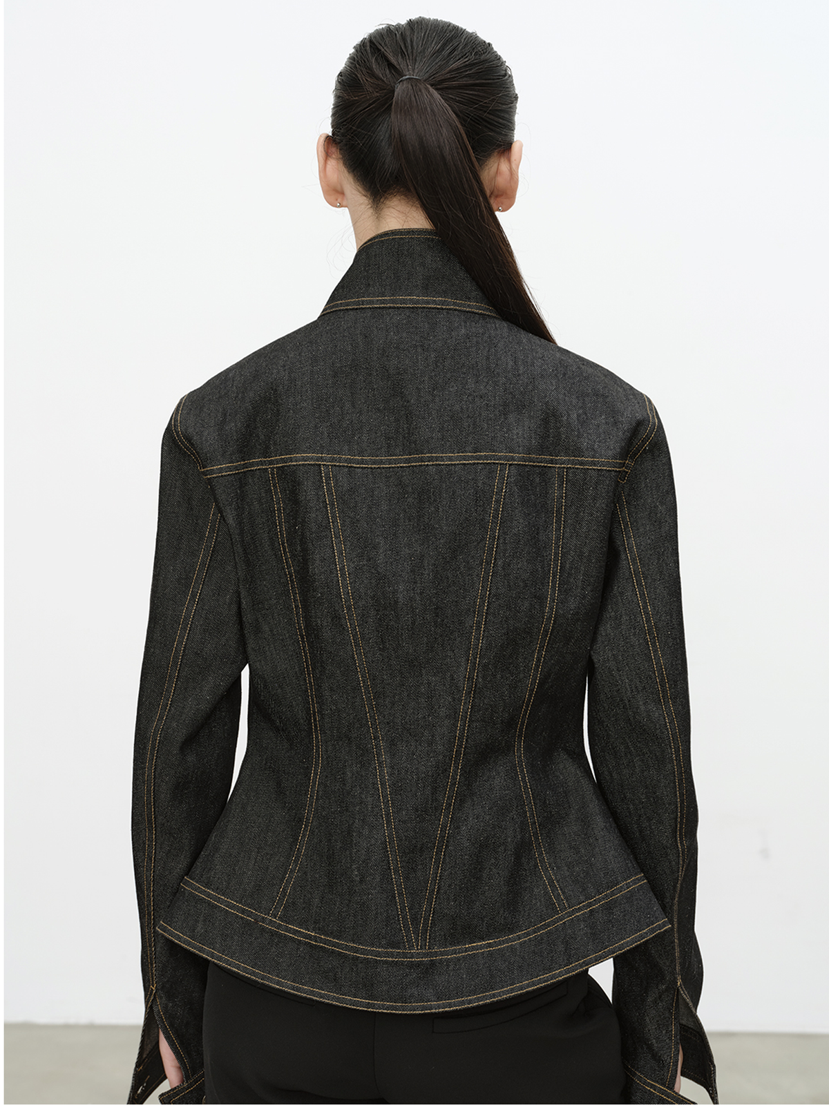 JCAESAR WOMEN Asymmetrical Placket Fitted Waist Raw Denim Jacket