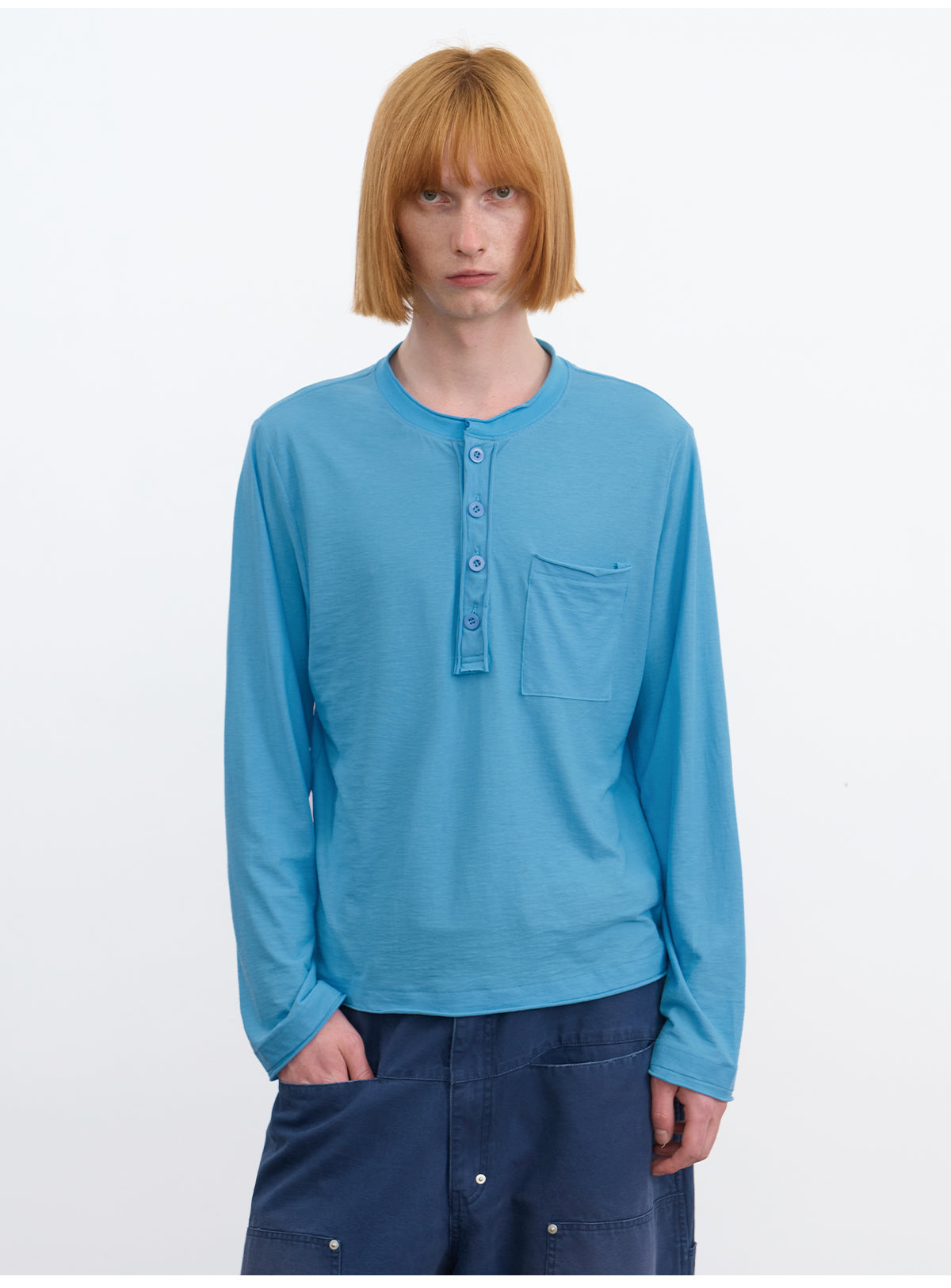 JCAESAR Rolled Edge Henley Collar Long Sleeve Tee