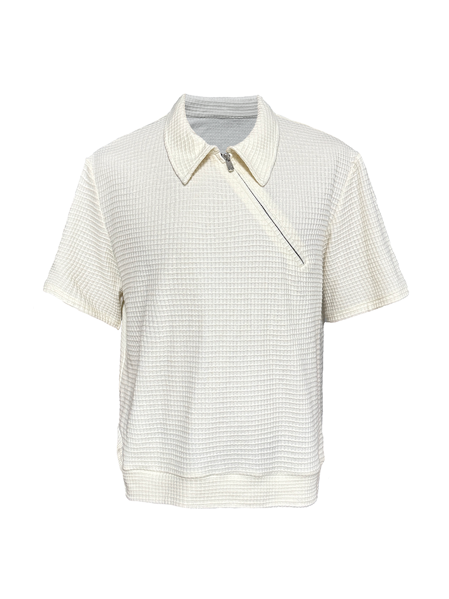 JCAESAR Diagonal Zipper Waffle-Knit Short-Sleeve Top - jcaesarclo