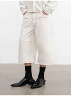 JCAESAR Coated Utility Moto Cropped Pants – Wide Fit Workwear Capri Trousers