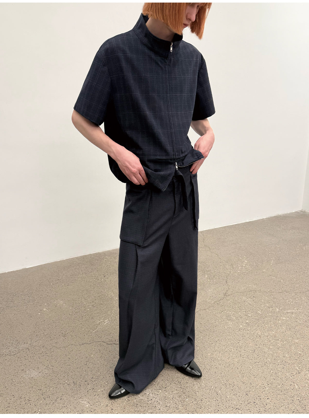 JCAESAR Dark Grid Texture Hidden-Pocket Shirt