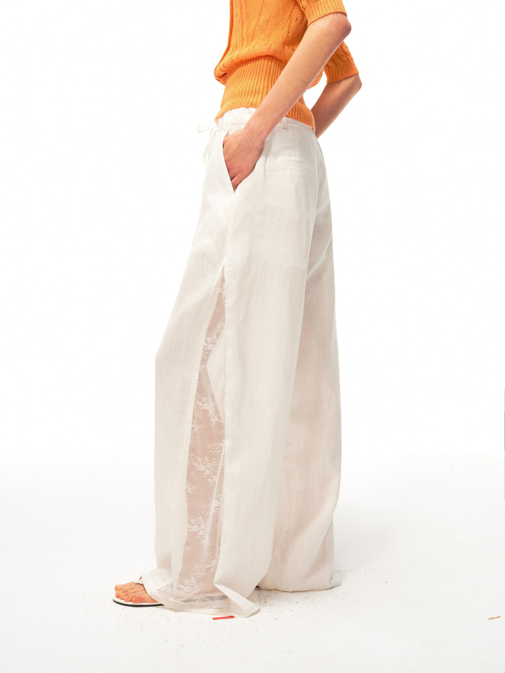 JCAESAR WOMEN Linen trousers with lace panels and pleats