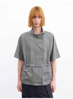 JCAESAR Grey Asymmetric Collar Cinched Waist Short Sleeve Shirt