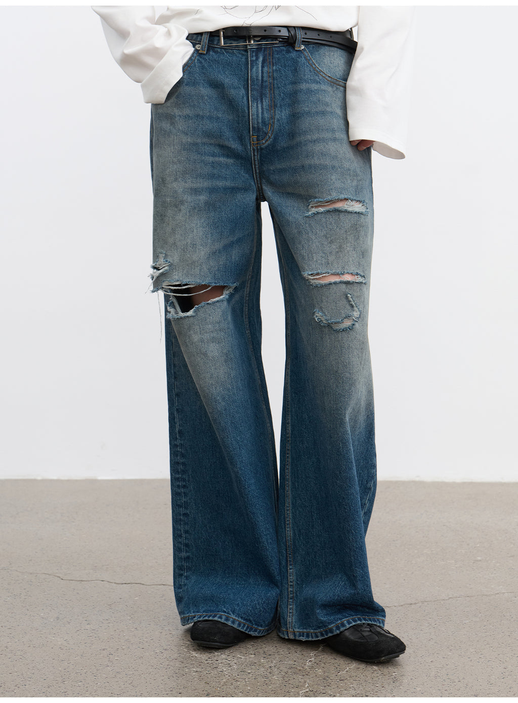 JCAESAR Knife Cut Distressed Blue Denim Jeans | Washed Ripped Straight Fit Jeans