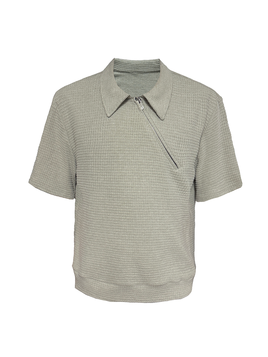 JCAESAR Diagonal Zipper Waffle-Knit Short-Sleeve Top - jcaesarclo