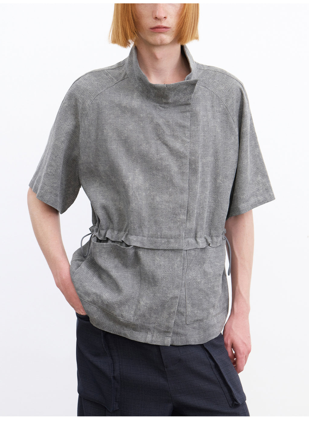 JCAESAR Grey Asymmetric Collar Cinched Waist Short Sleeve Shirt