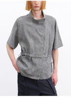 JCAESAR Grey Asymmetric Collar Cinched Waist Short Sleeve Shirt
