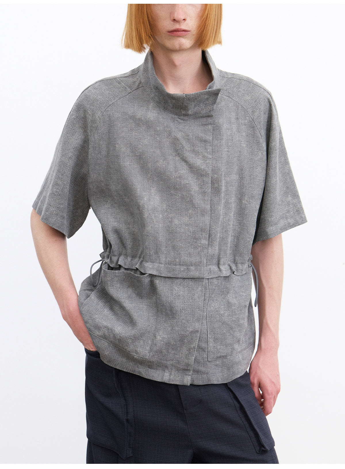 JCAESAR Grey Asymmetric Collar Cinched Waist Short Sleeve Shirt