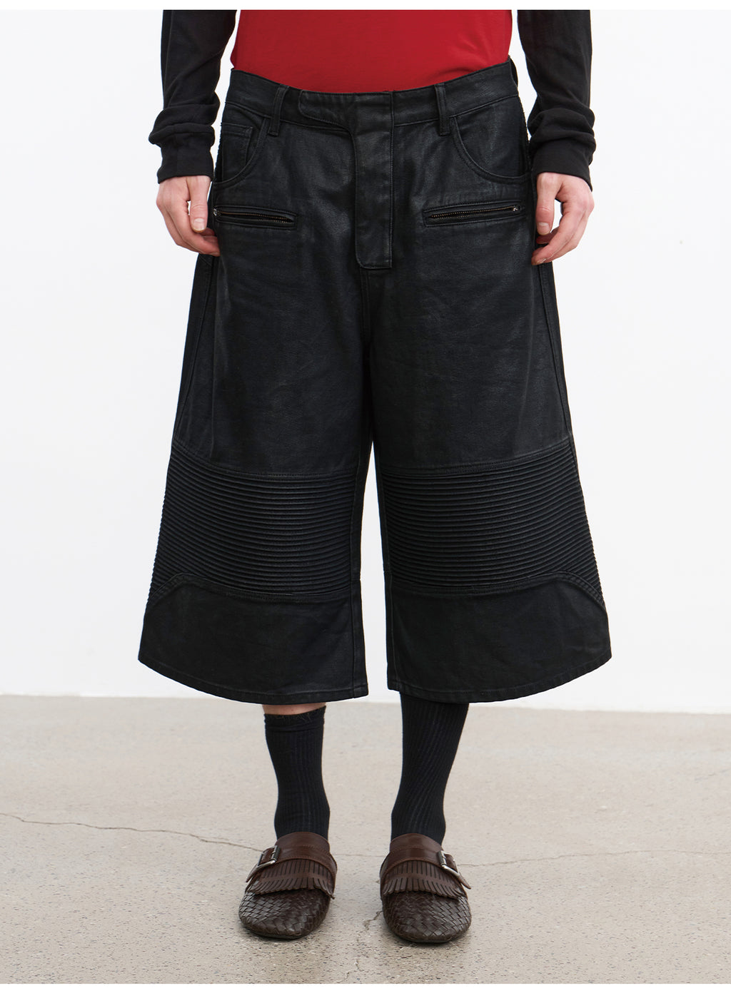 JCAESAR Coated Utility Moto Cropped Pants – Wide Fit Workwear Capri Trousers