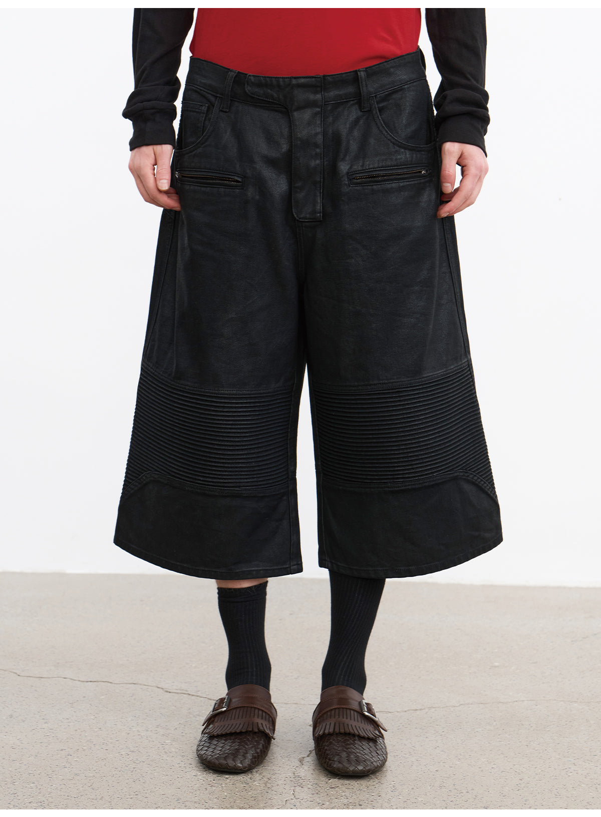 JCAESAR Coated Utility Moto Cropped Pants – Wide Fit Workwear Capri Trousers