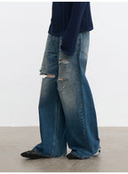 JCAESAR Knife Cut Distressed Blue Denim Jeans | Washed Ripped Straight Fit Jeans