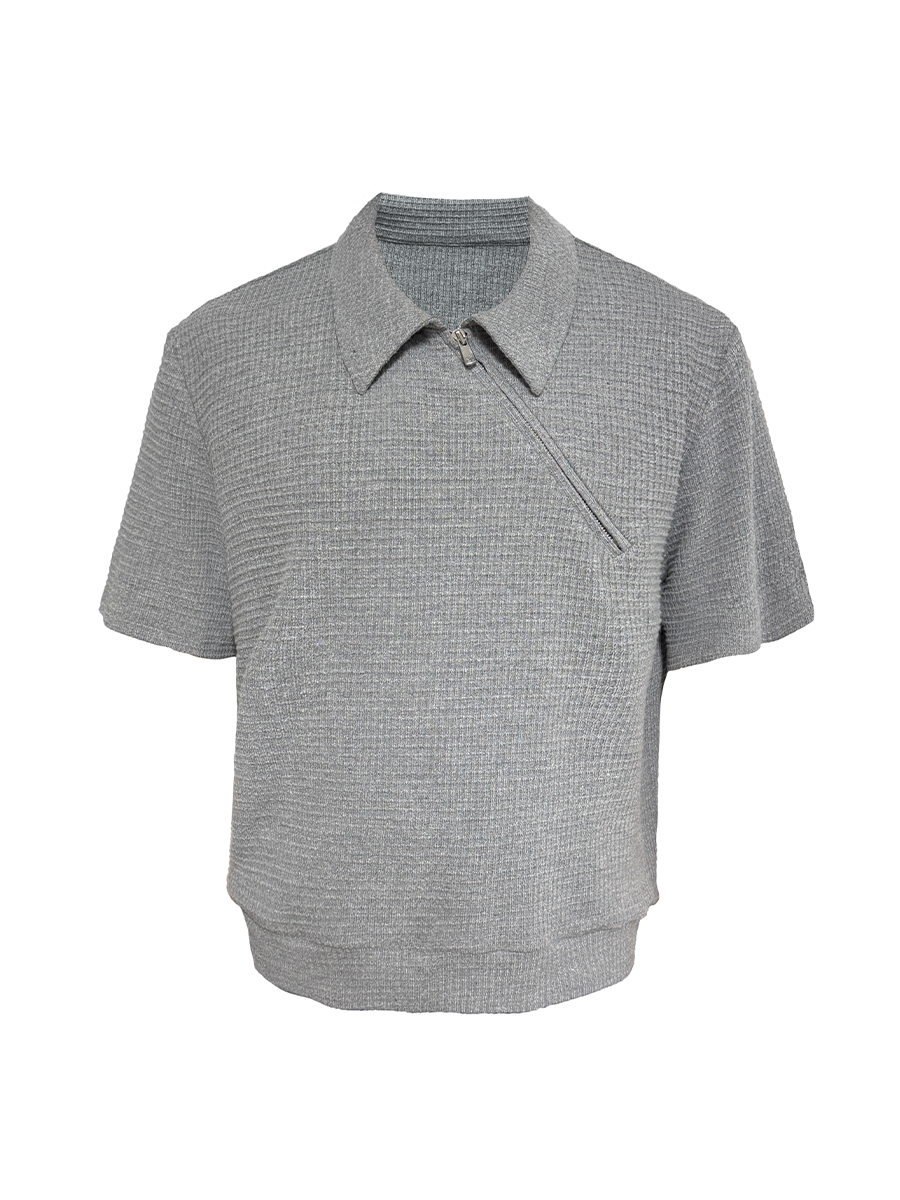 JCAESAR Diagonal Zipper Waffle-Knit Short-Sleeve Top - jcaesarclo