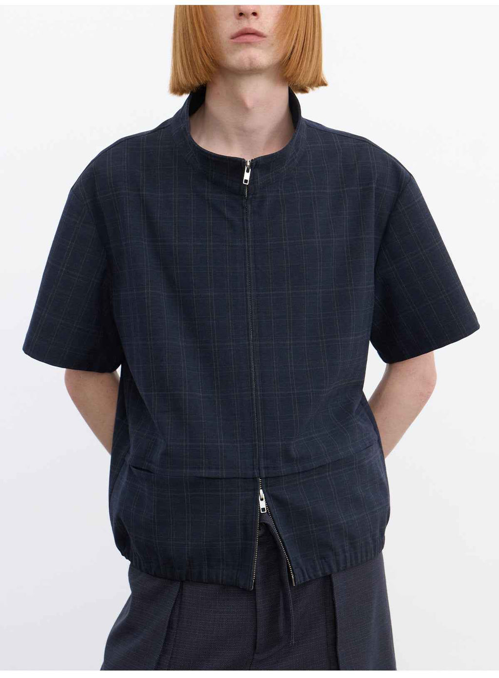 JCAESAR Dark Grid Texture Hidden-Pocket Shirt Jacket