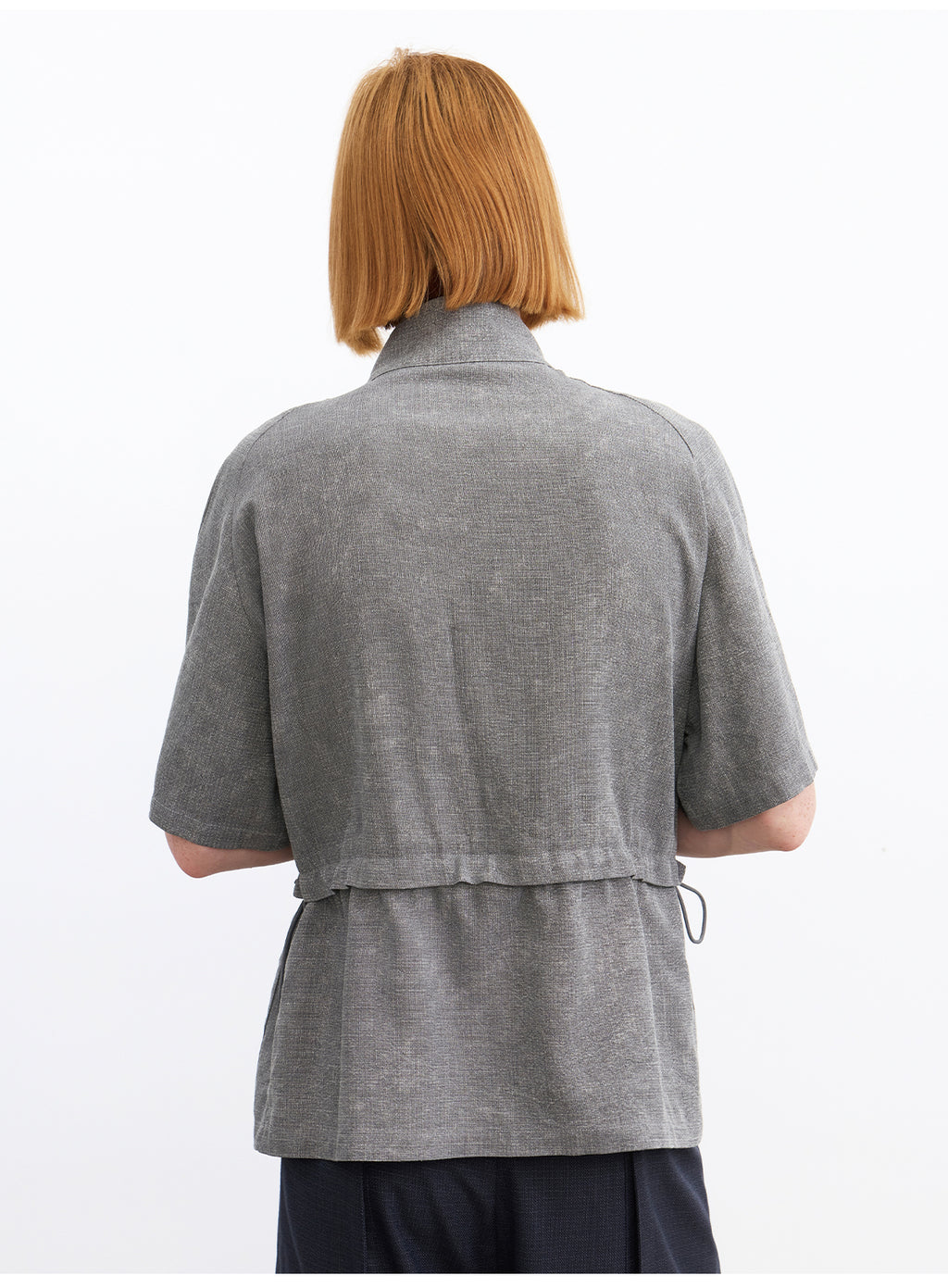 JCAESAR Grey Asymmetric Collar Cinched Waist Short Sleeve Shirt