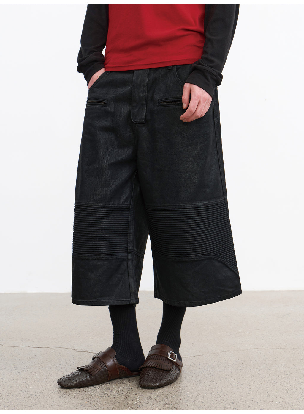 JCAESAR Coated Utility Moto Cropped Pants – Wide Fit Workwear Capri Trousers