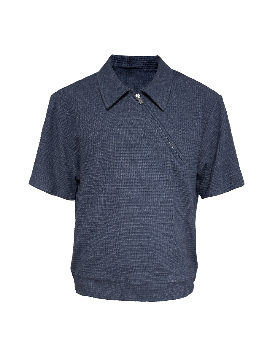 JCAESAR Diagonal Zipper Waffle-Knit Short-Sleeve Top - jcaesarclo