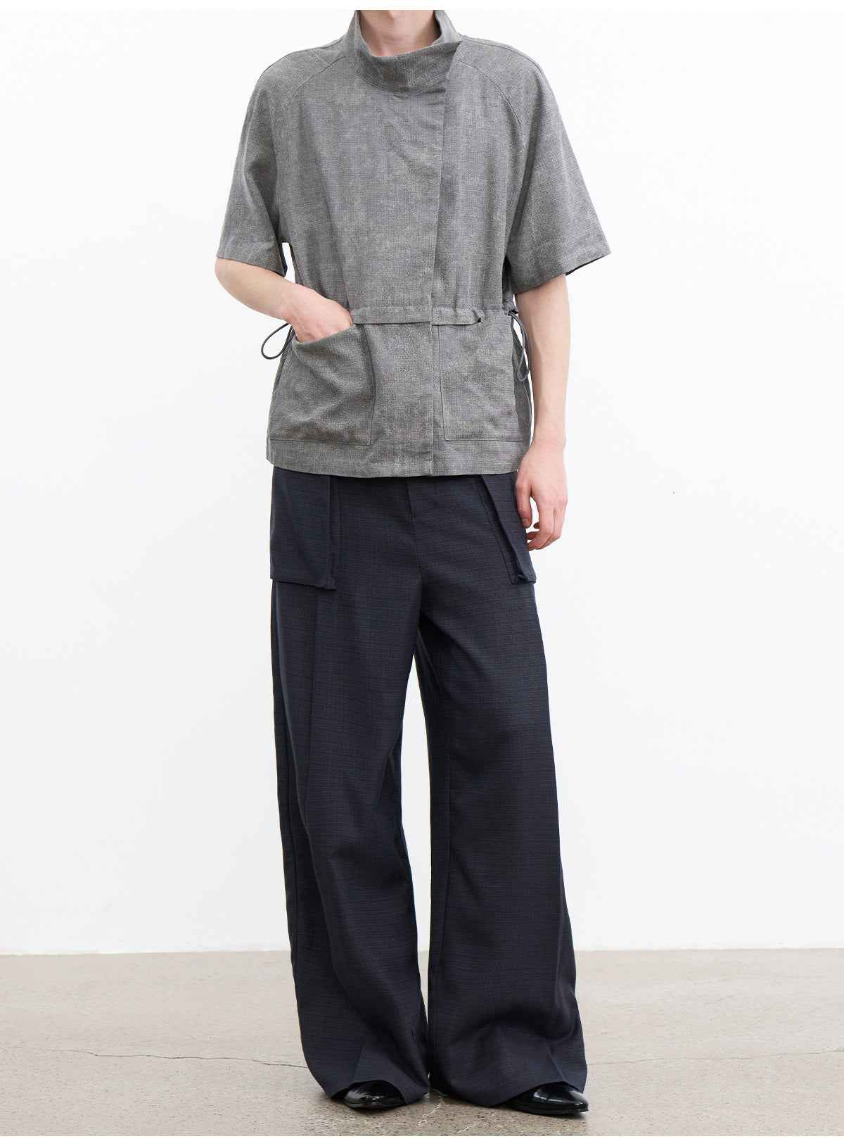 JCAESAR Grey Asymmetric Collar Cinched Waist Short Sleeve Shirt