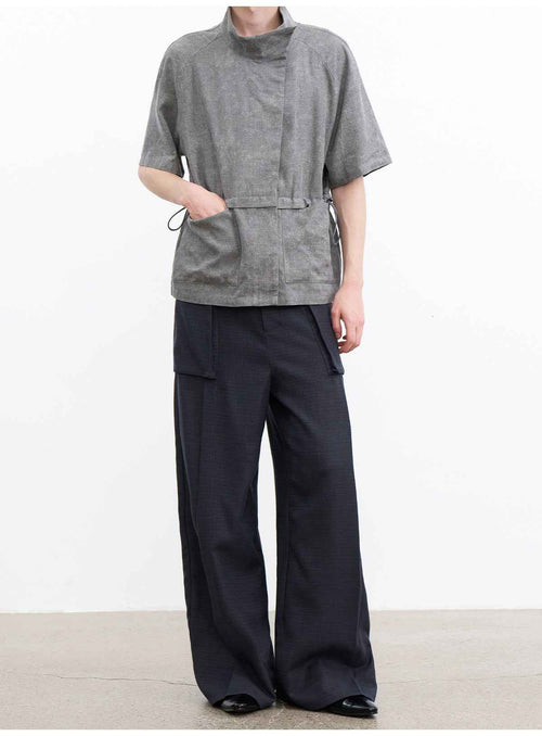 JCAESAR Grey Asymmetric Collar Cinched Waist Short Sleeve Shirt