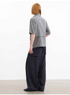 JCAESAR Grey Asymmetric Collar Cinched Waist Short Sleeve Shirt