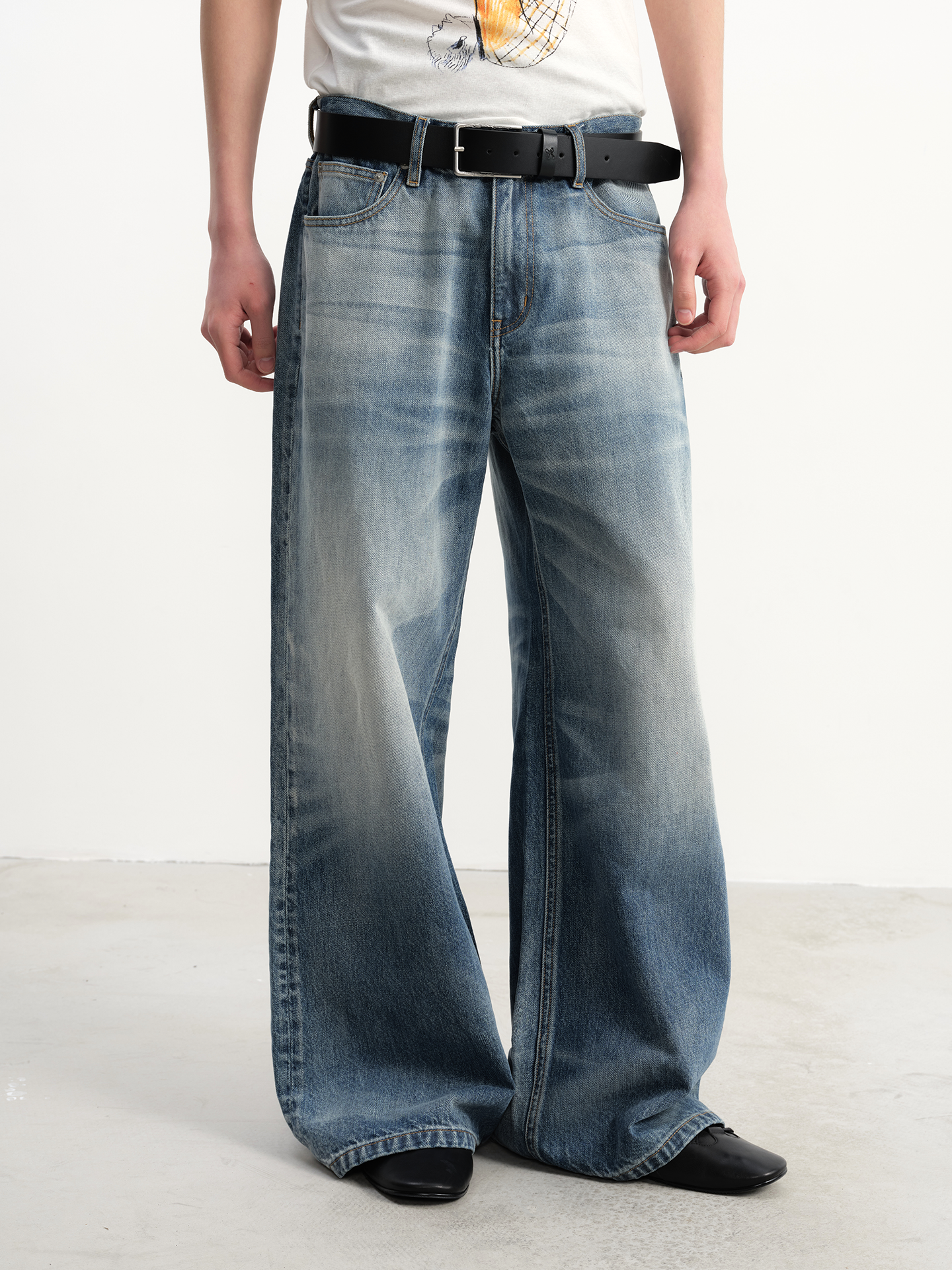 JCAESAR Gray-Blue Wide-Leg Jeans