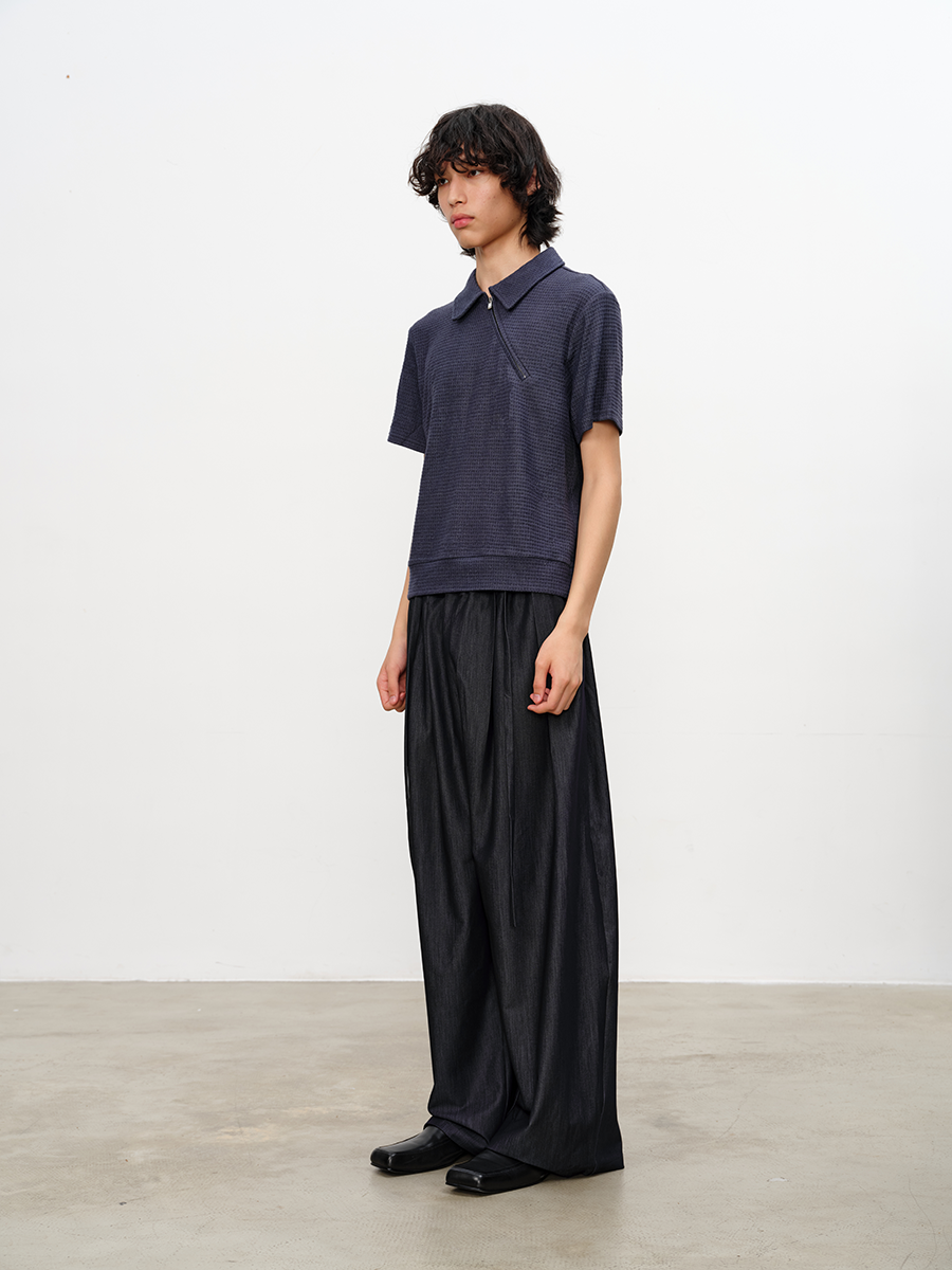 JCAESAR Diagonal Zipper Waffle-Knit Short-Sleeve Top - jcaesarclo