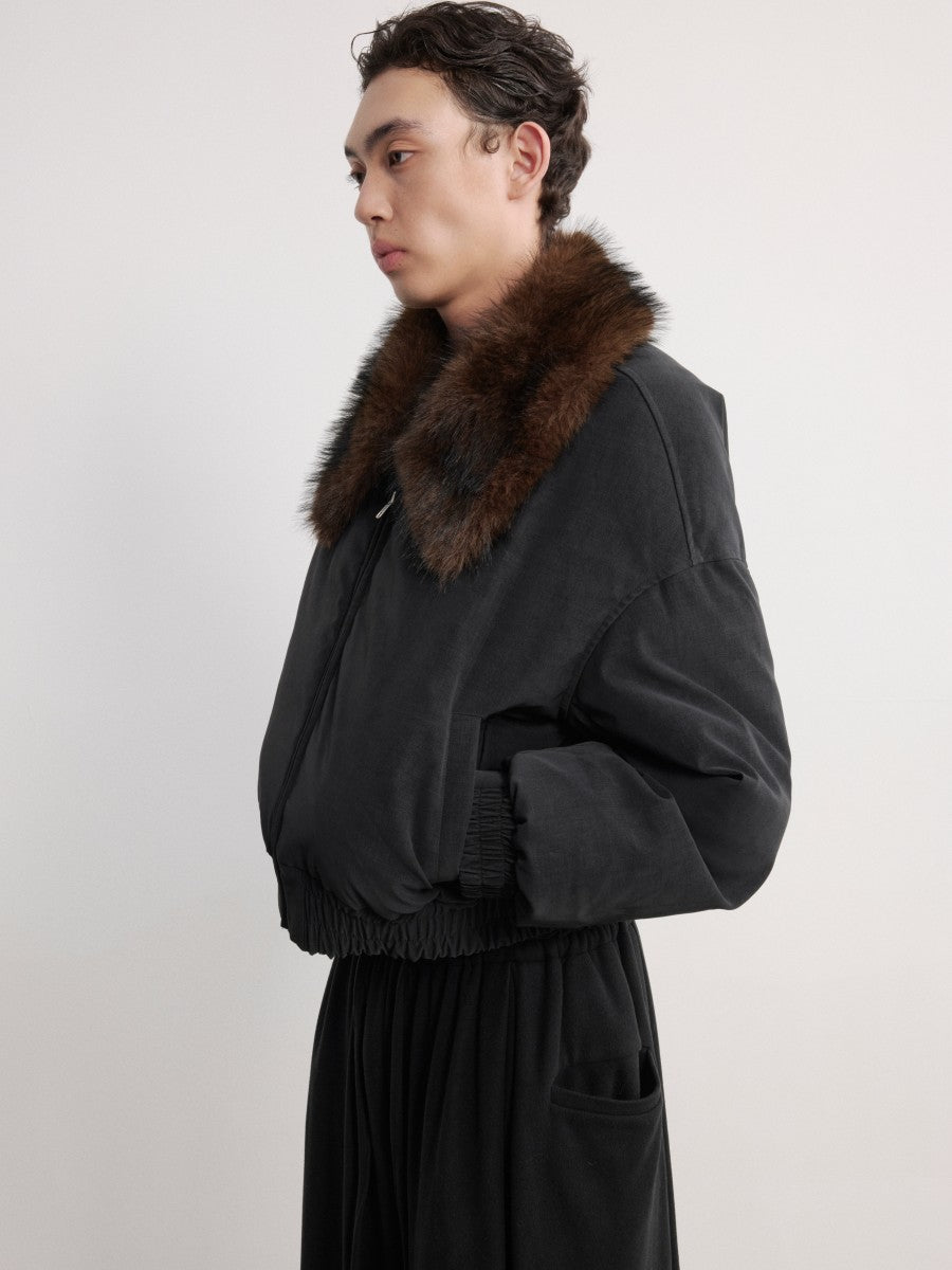 JCAESAR Distressed Down Jacket With Fur