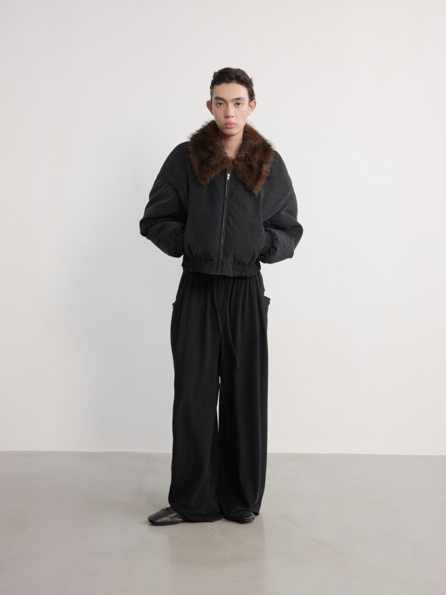 JCAESAR Distressed Down Jacket With Fur