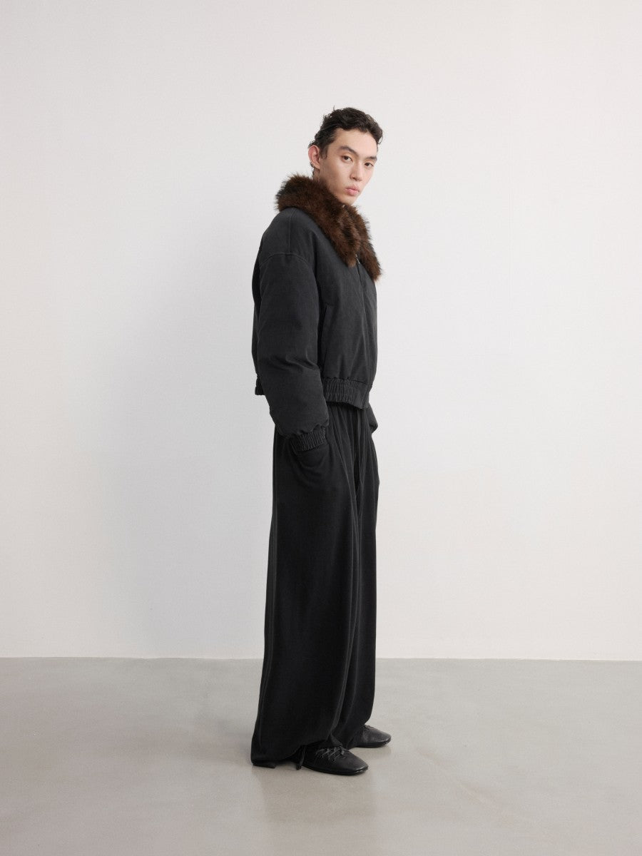 JCAESAR Distressed Down Jacket With Fur