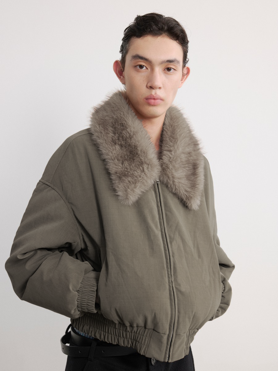 JCAESAR Distressed Down Jacket With Fur
