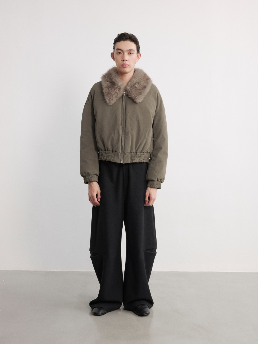 JCAESAR Distressed Down Jacket With Fur