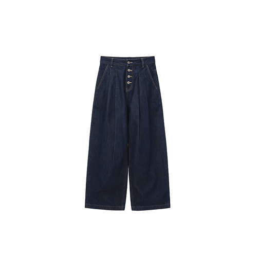 JCAESAR WOMEN Buttoned pleated cotton‑linen raw denim trousers