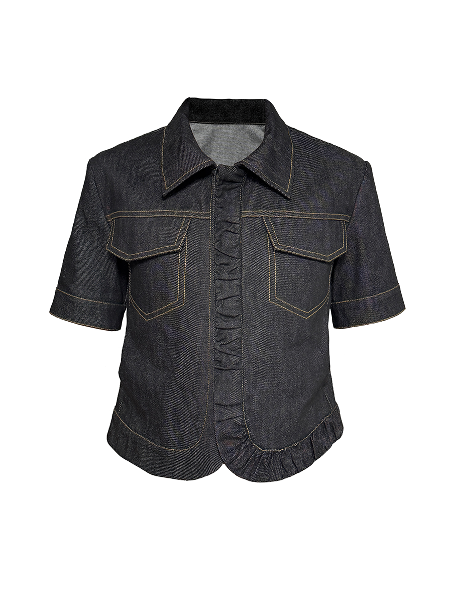 JCAESAR WOMEN Diagonal Collar Waist-Cinched Raw Denim Jacket - jcaesarclo
