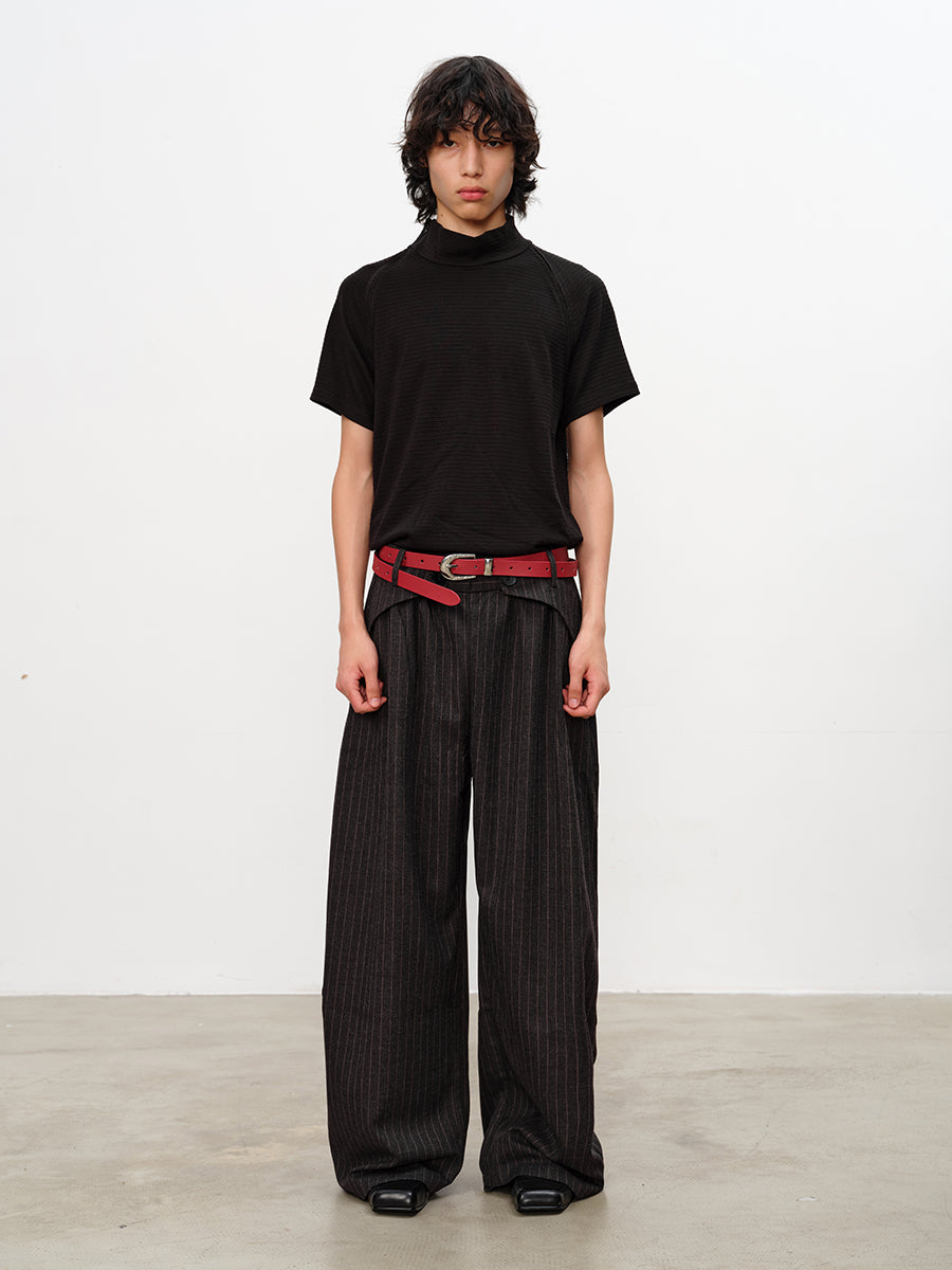 JCAESAR Horizontal Stripe Raglan Zipper Short Sleeve