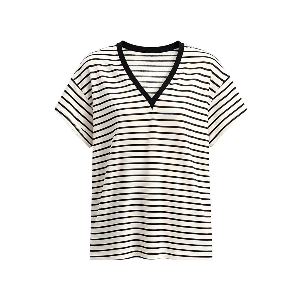 JCAESAR WOMEN Loose-Fit Striped V-Neck Tee - jcaesarclo