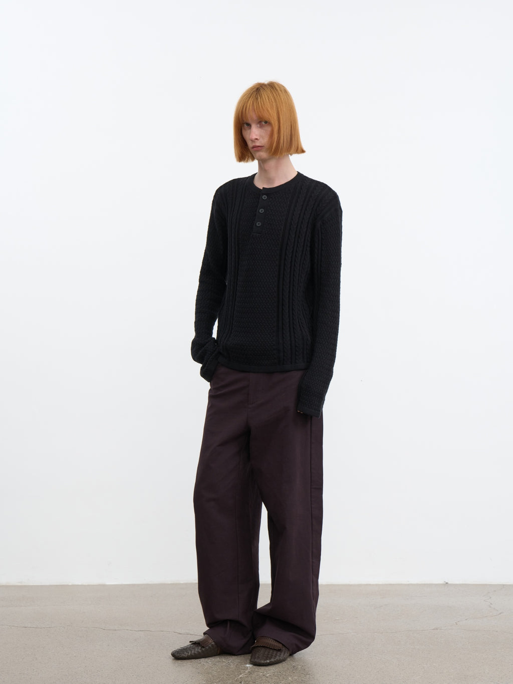 JCAESAR Henley collar scale‑pattern knit long‑sleeve