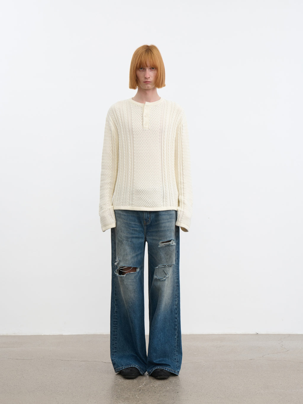 JCAESAR Henley collar scale‑pattern knit long‑sleeve