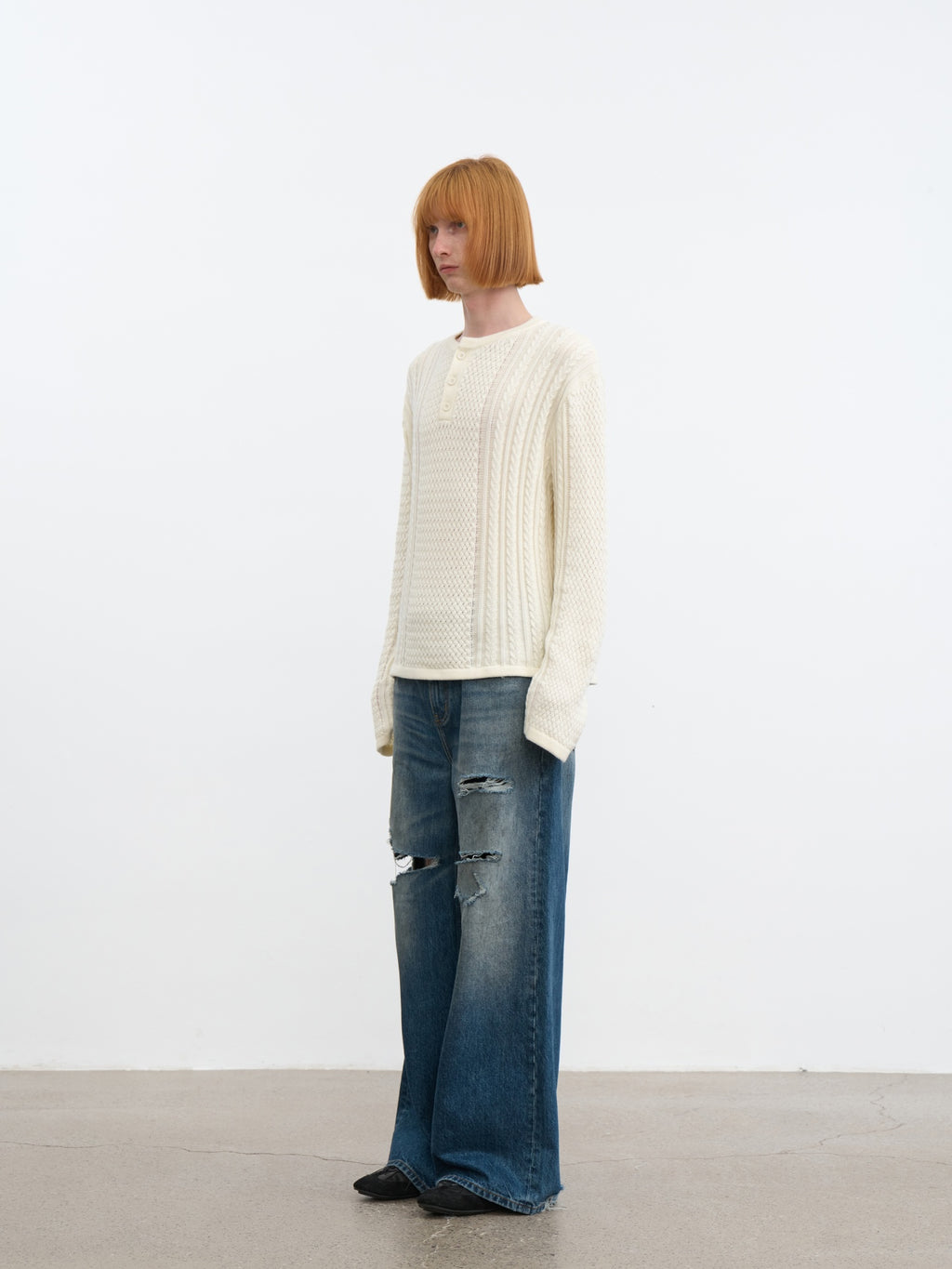 JCAESAR Henley collar scale‑pattern knit long‑sleeve