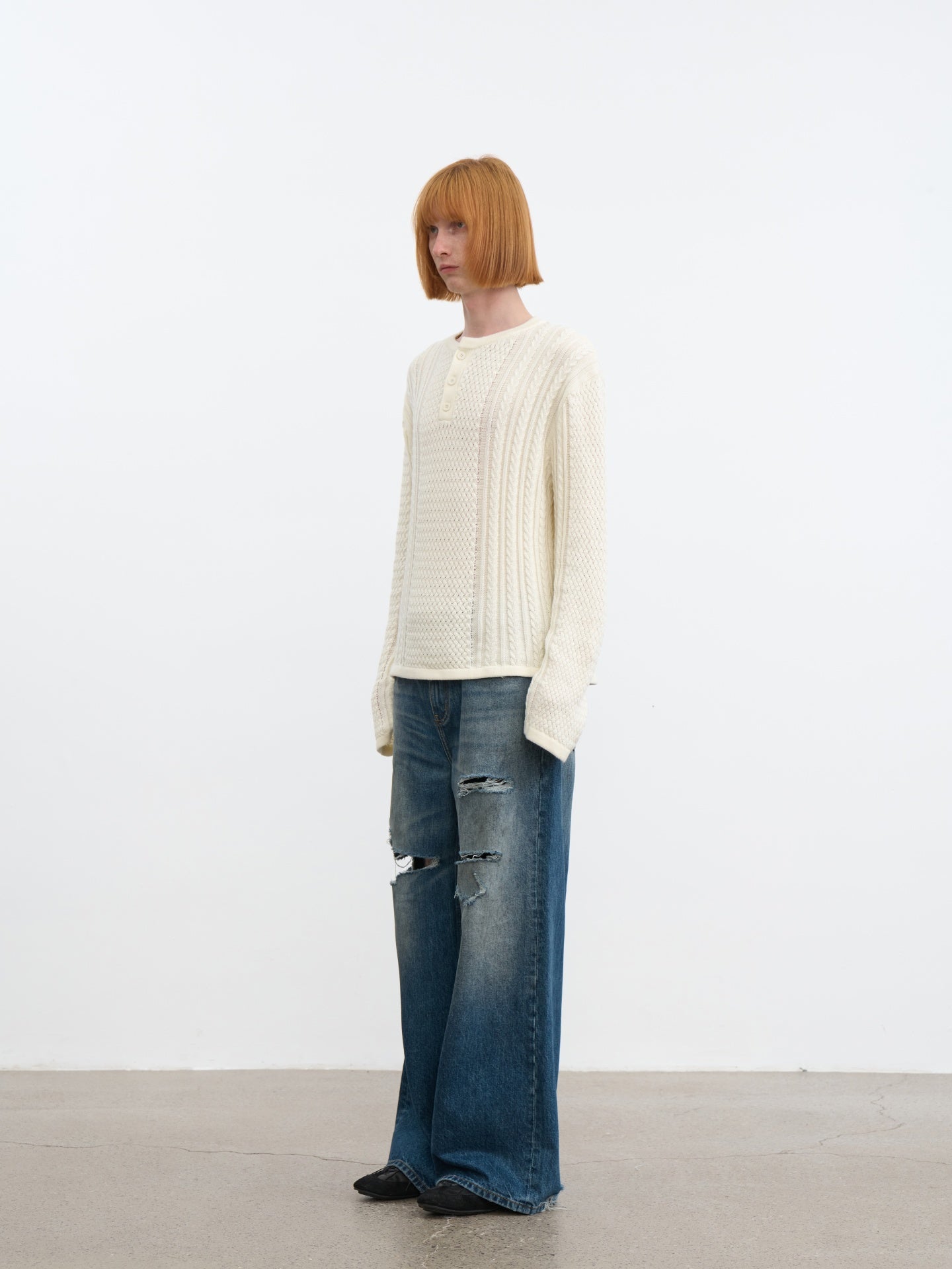 JCAESAR Henley collar scale‑pattern knit long‑sleeve
